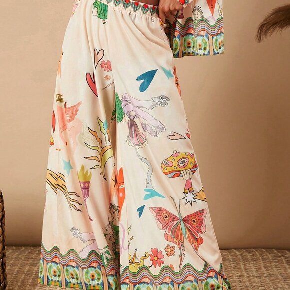 Multicolor Boho Women's Loose Wide Leg Vacation Printed Woven Pants - Picture 4 of 5